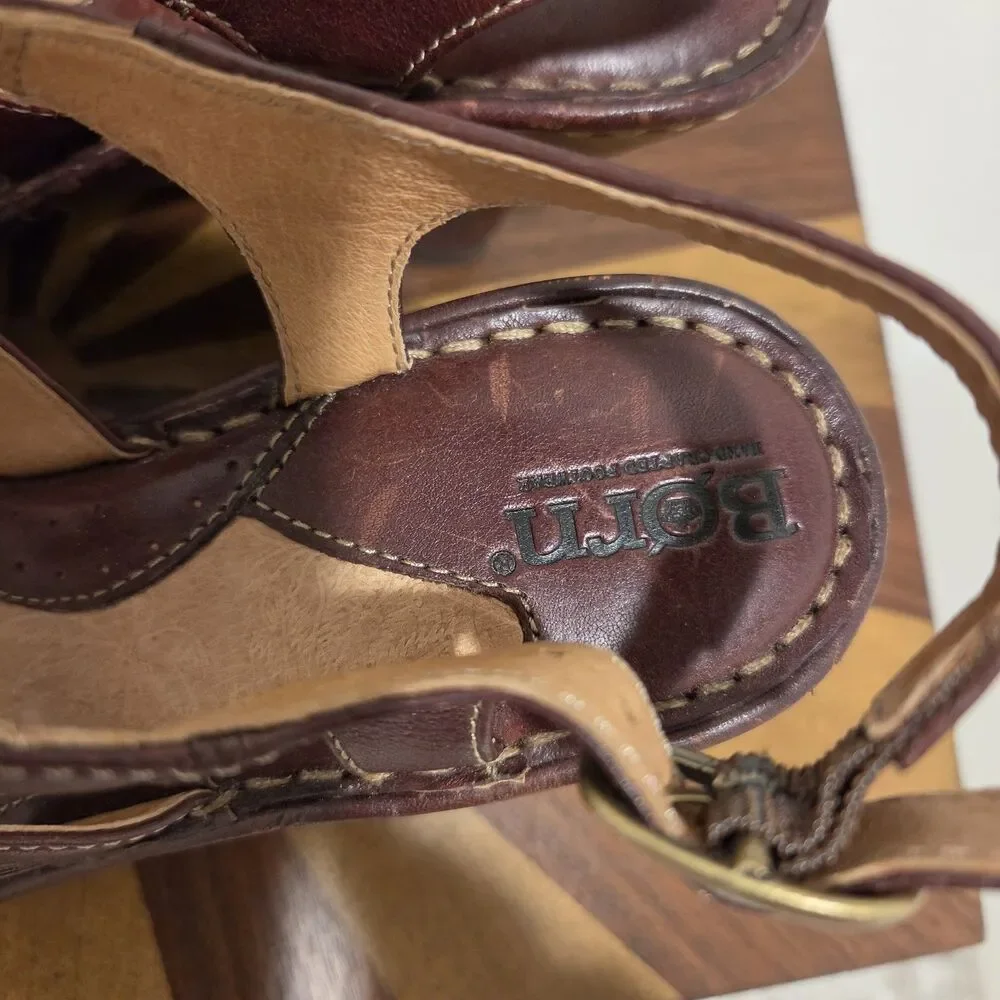 BORN Caged T-Strap Wedge Heeled Sandals US 7 Brown Leather Strappy Boho Hippie